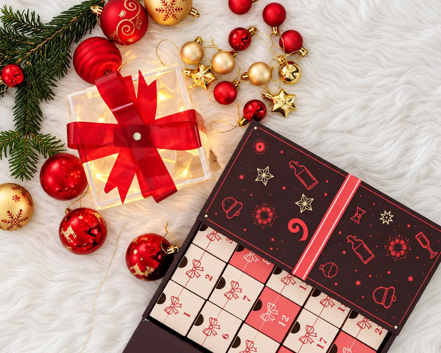 Wrapped Story advent calendar photographed partly open, showing numbered drawers