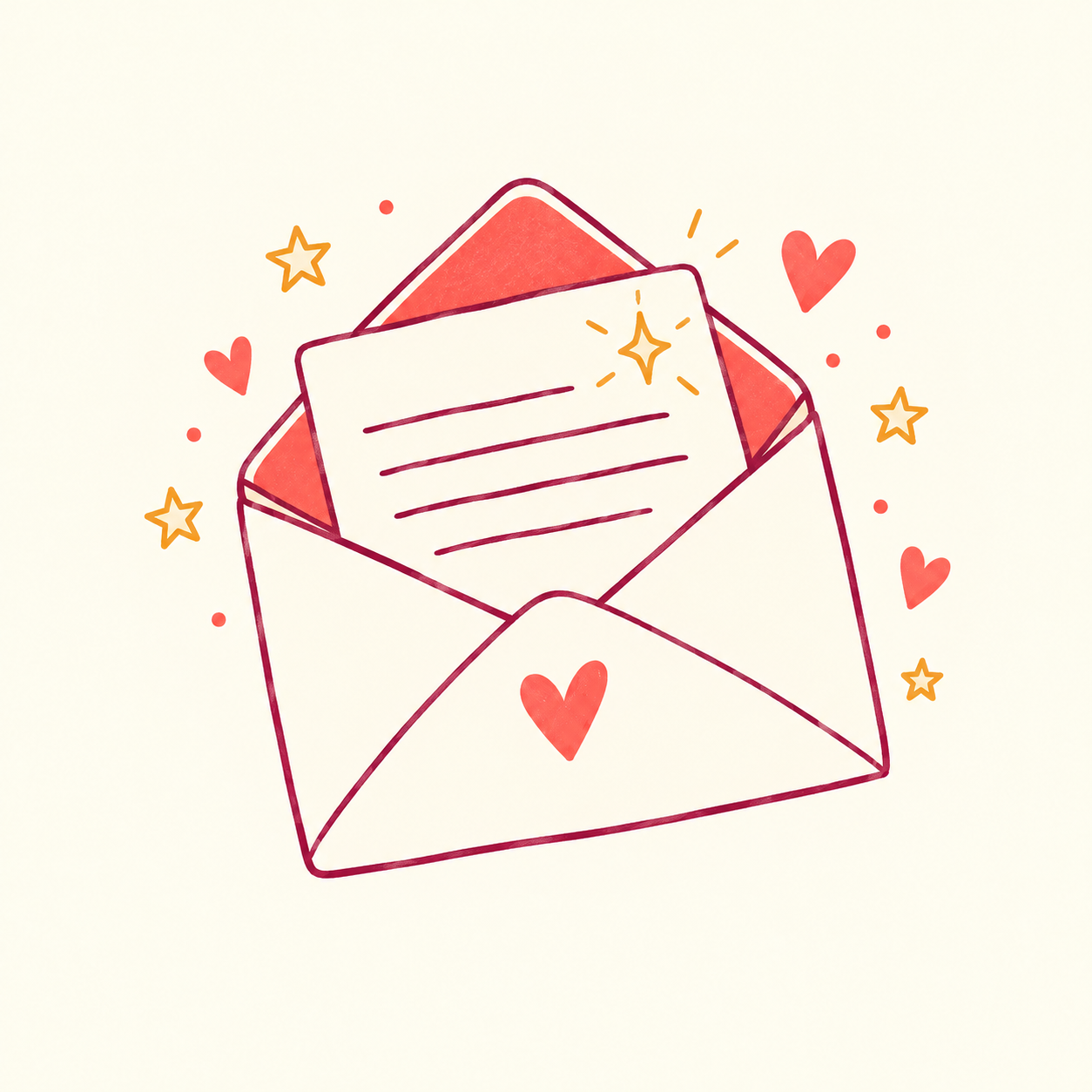 Hand-drawn open envelope with a letter, hearts and stars