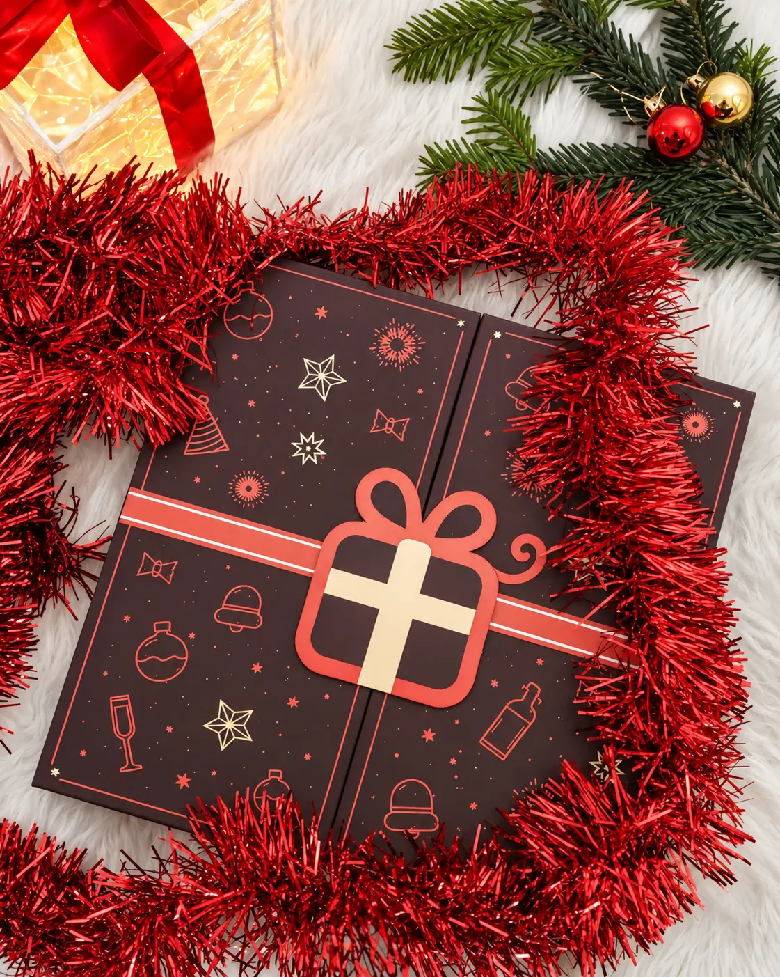 Wrapped Story advent calendar styled with red tinsel, baubles and warm lights