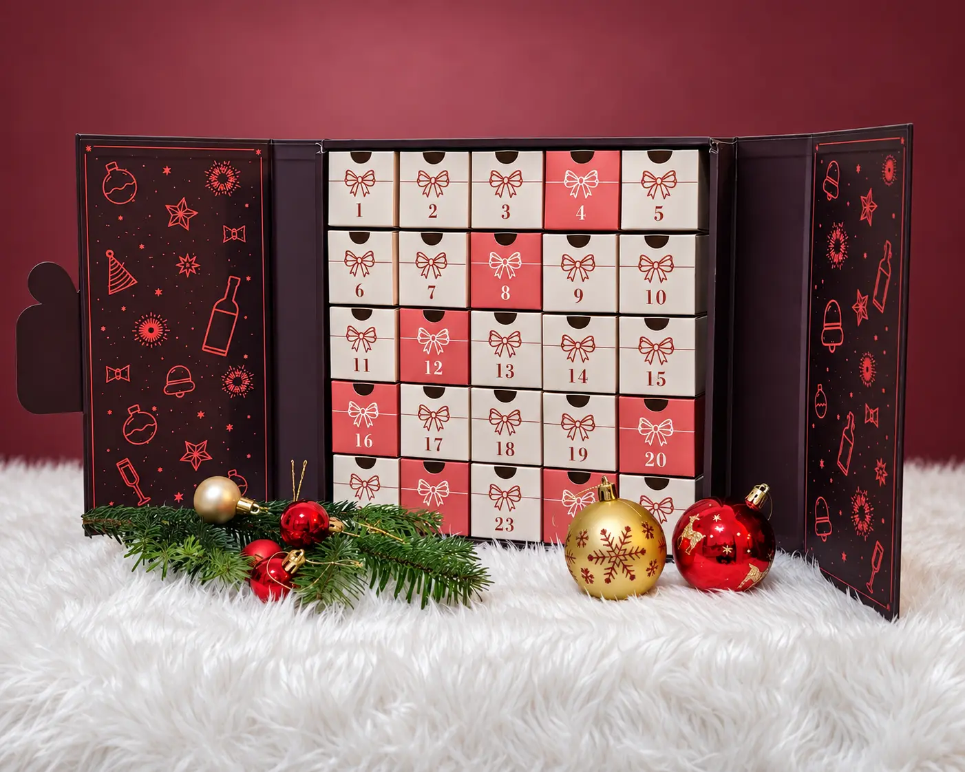 Wrapped Story advent calendar photographed fully open, showing all 24 numbered drawers