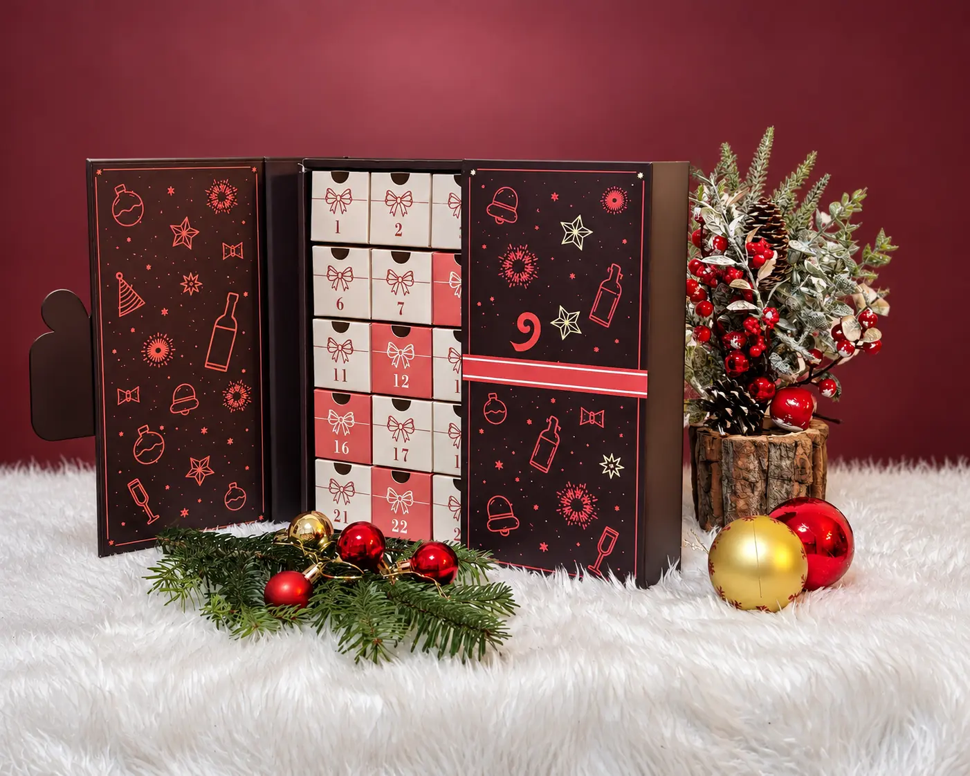 Wrapped Story advent calendar photographed partly open, showing numbered drawers
