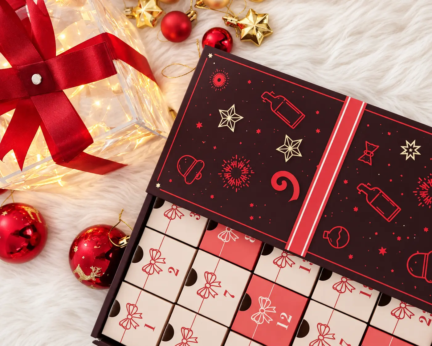 Wrapped Story advent calendar photographed partly open, showing numbered drawers