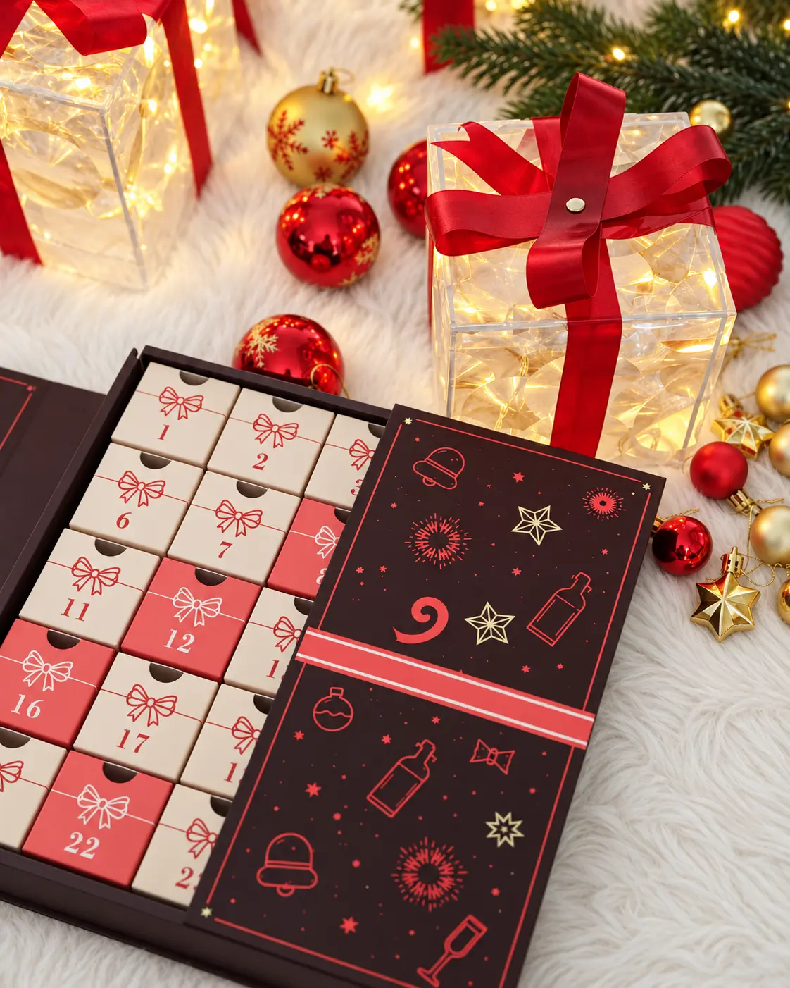 Wrapped Story advent calendar photographed partly open, showing numbered drawers